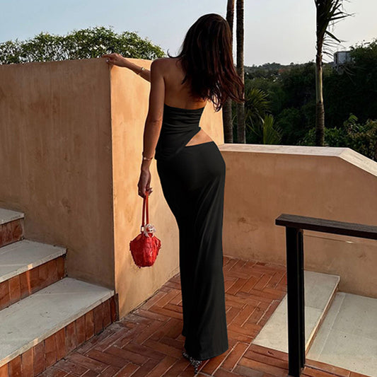 Sexy Tube Top Stitching Steel Ring Cropped Outfit Sheath Long Adult Lady like Woman Dress Women