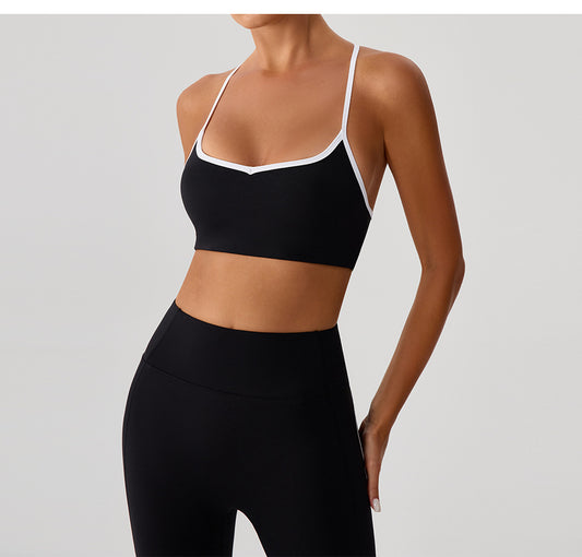 Cross Adjustable Shoulder Strap Yoga Bra Outer Wear with Chest Pad Workout Exercise Underwear Contrast Color Yoga Clothes - Iyanka