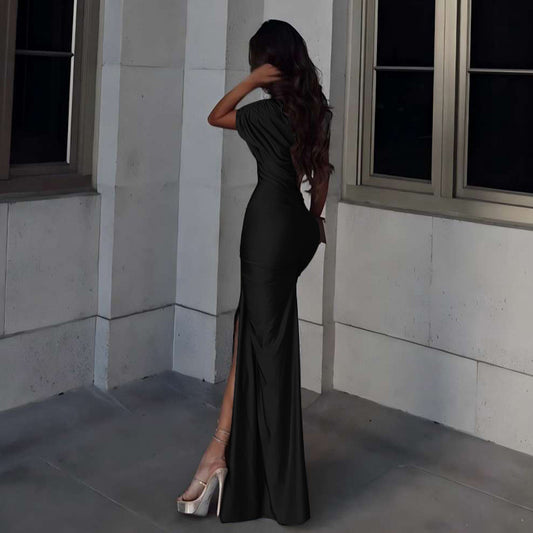 Winter Sexy Slim Fit Cropped Split Dress Solid Color Skinny Sheath Dress