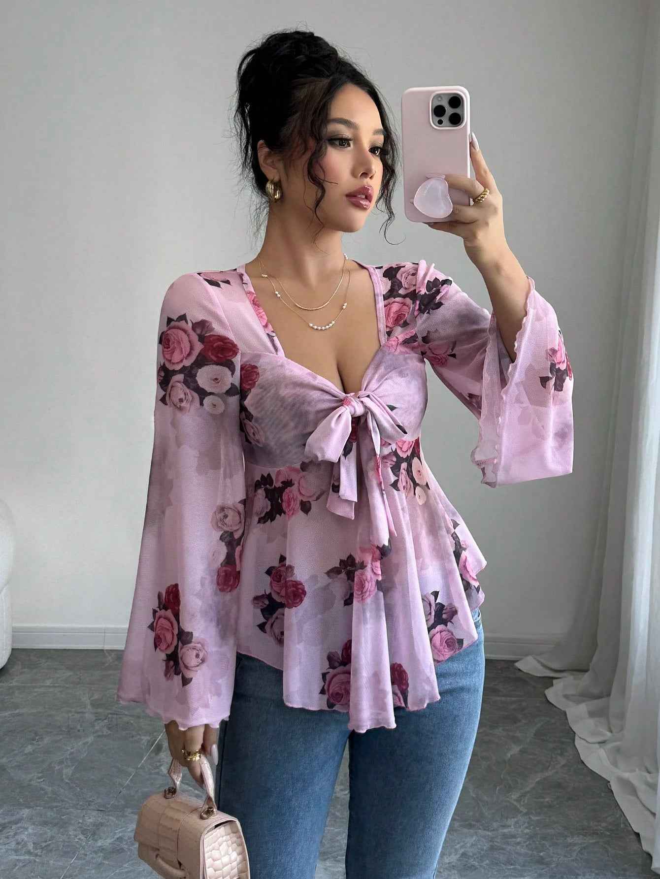 French Sweet Floral Blooming Lace up Square Collar Long Sleeve Shirt