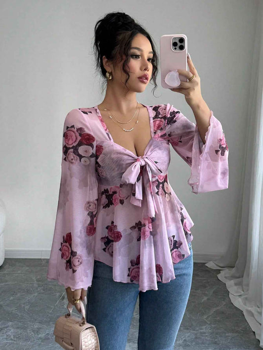 French Sweet Floral Blooming Lace up Square Collar Long Sleeve Shirt