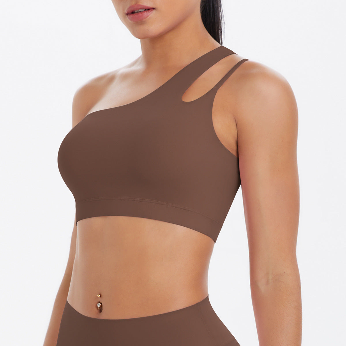 Solid Color One Shoulder Beauty Back Yoga Bra Nude Feel Push up Sports Bra Irregular Asymmetric Shoulder Strap Sports Vest for Women - Iyanka
