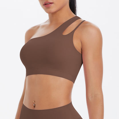 Solid Color One Shoulder Beauty Back Yoga Bra Nude Feel Push up Sports Bra Irregular Asymmetric Shoulder Strap Sports Vest for Women - Iyanka