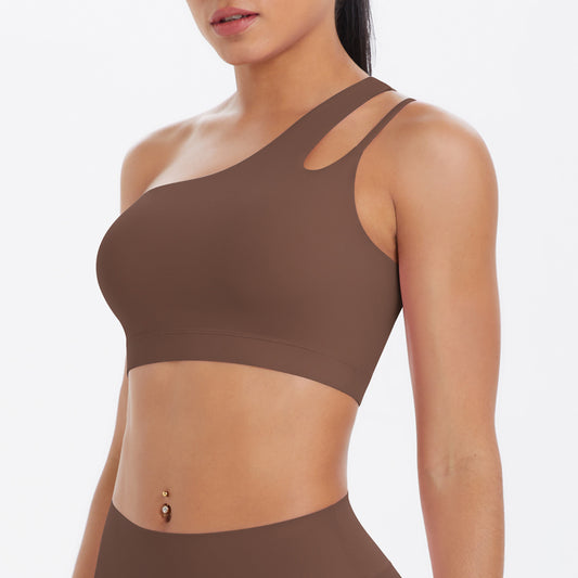 Solid Color One Shoulder Beauty Back Yoga Bra Nude Feel Push up Sports Bra Irregular Asymmetric Shoulder Strap Sports Vest for Women - Iyanka