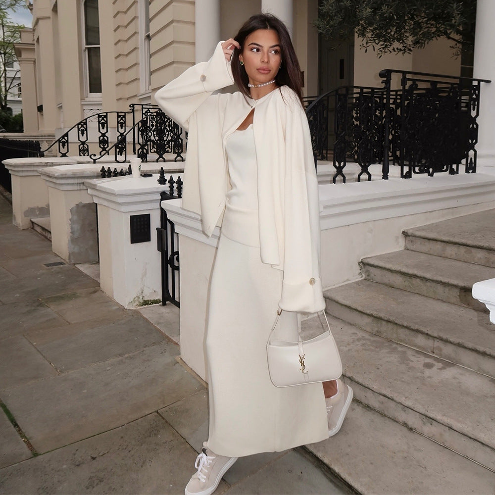 Knitted Long Sleeve Cardigan Camisole Skirt Set Women Autumn Winter Sweater Three Piece Set - Iyanka