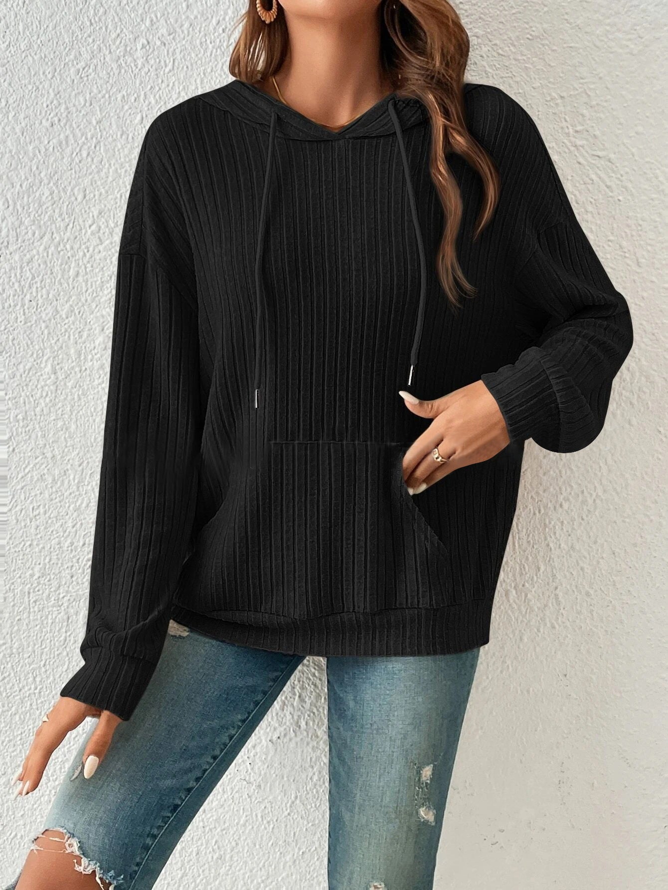 Autumn Winter Knitwear Hooded Sunken Stripe Kangaroo Pocket Long Sleeve Bathroom - Iyanka