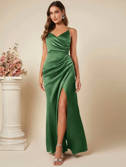 Women Spring Summer Satin Sling Dress Sexy Backless Pleated Dress Bridesmaid Dress - Iyanka