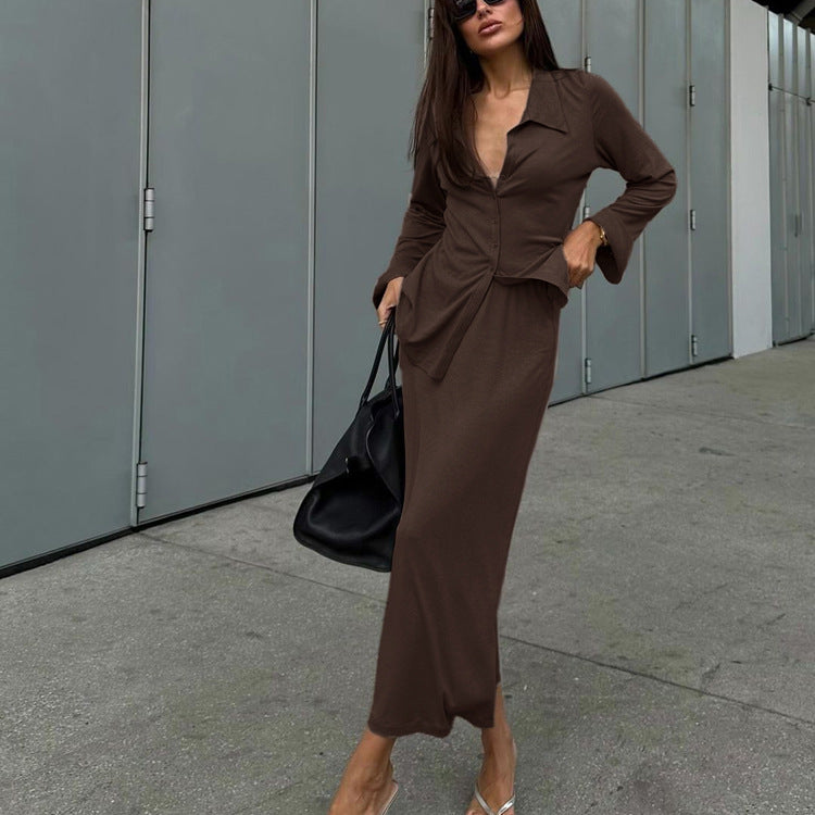 Women Collared Flared Sleeve Cardigan Top Hip Skirt Two Piece Set - Iyanka