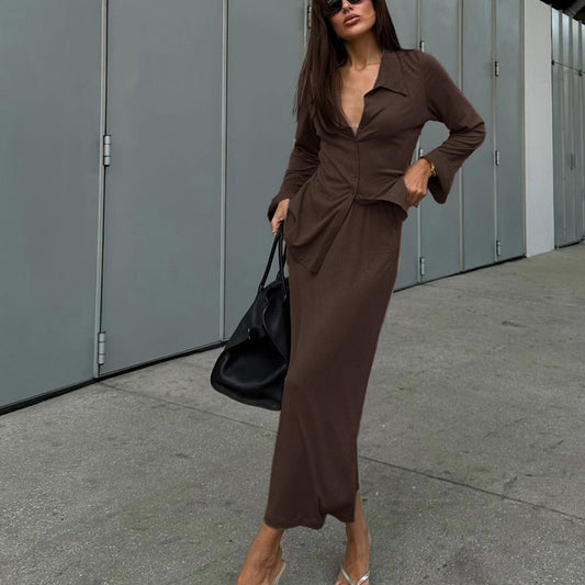Women Collared Flared Sleeve Cardigan Top Hip Skirt Two Piece Set - Iyanka
