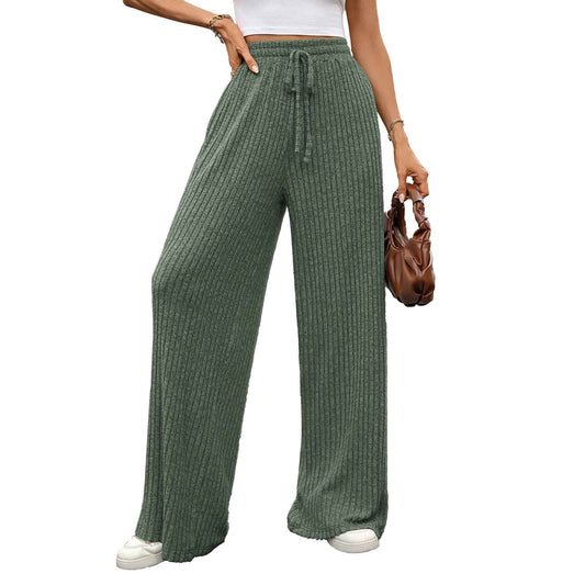 Autumn Winter Solid Color Drawstring Sunken Stripe Brushed Elastic Waist Casual Trousers