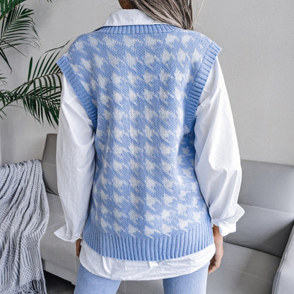 Autumn Winter V-neck Houndstooth Casual Loose Knitted Vest Sweater Waistcoat Women Clothing - Iyanka