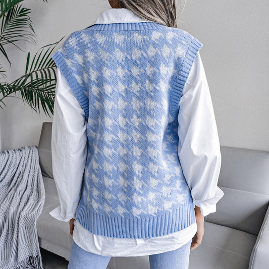 Autumn Winter V-neck Houndstooth Casual Loose Knitted Vest Sweater Waistcoat Women Clothing - Iyanka