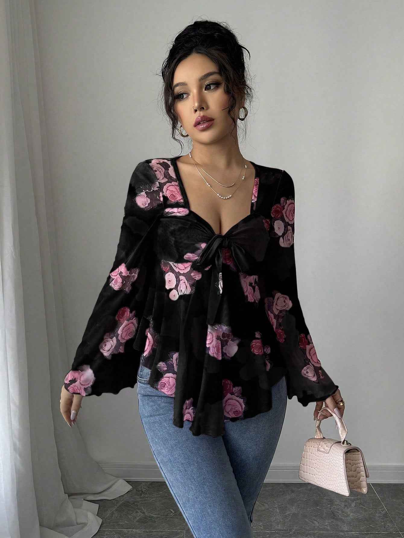 French Sweet Floral Blooming Lace up Square Collar Long Sleeve Shirt
