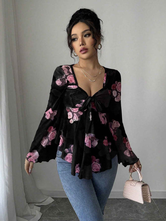 French Sweet Floral Blooming Lace up Square Collar Long Sleeve Shirt
