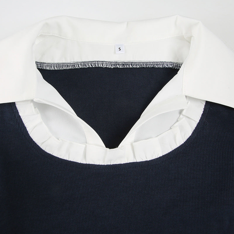 Women Clothing Preppy Collared Shirt Contrast Color Pullover Dress Short Dress Waist Tight A line Pleated Dress