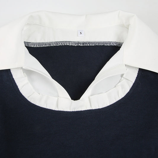 Women Clothing Preppy Collared Shirt Contrast Color Pullover Dress Short Dress Waist Tight A line Pleated Dress