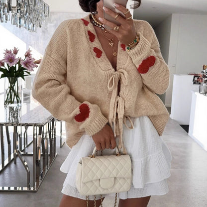 Outer Wear Stitching Sweater Coat Lace up Love Jacquard Knitted Cardigan Women - Iyanka