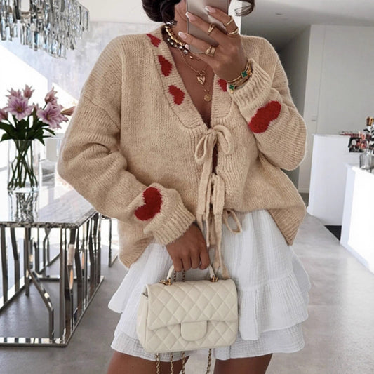 Outer Wear Stitching Sweater Coat Lace up Love Jacquard Knitted Cardigan Women - Iyanka