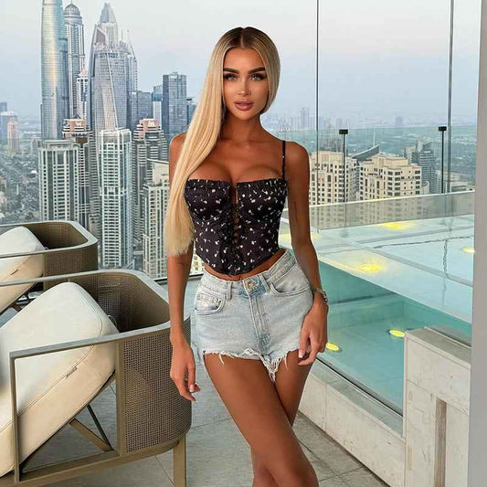 Women’s Summer Slim Fit Printed Cutout Spaghetti Strap Tube Top