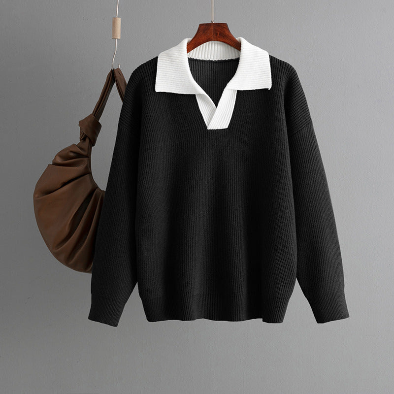 Autumn Winter Knitted Top Women Color Matching Polo Collar Loose Pullover Sweater Outerwear Sweater - Iyanka