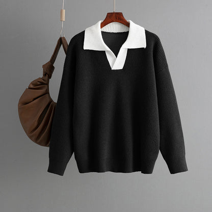 Autumn Winter Knitted Top Women Color Matching Polo Collar Loose Pullover Sweater Outerwear Sweater - Iyanka