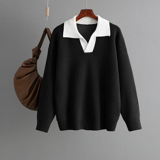 Autumn Winter Knitted Top Women Color Matching Polo Collar Loose Pullover Sweater Outerwear Sweater - Iyanka