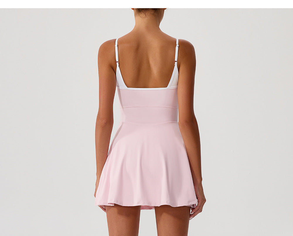 Contrasting Color Dress Intrazone Chest Pad Anti Exposure Base Tennis Beauty Back Adjustable Shoulder Strap - Iyanka