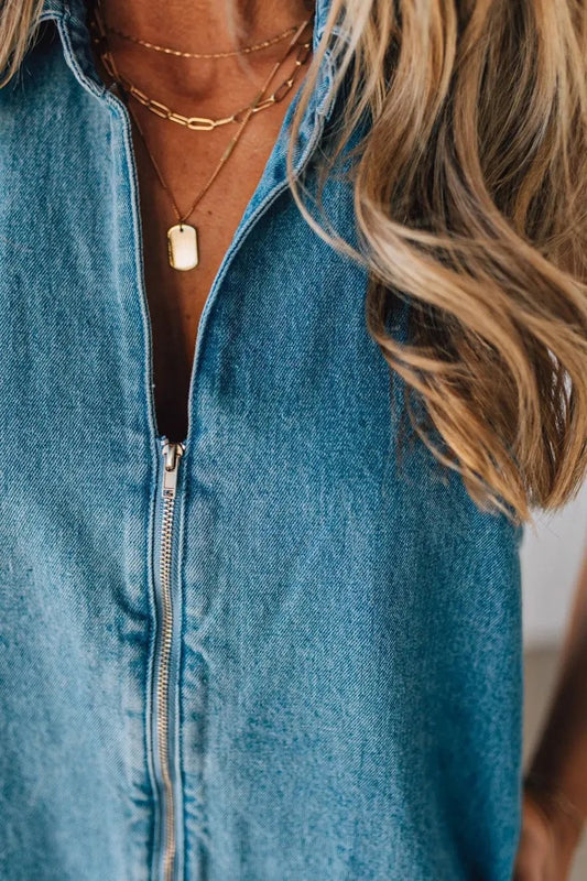 Women Wear Solid Color Polo Collar Sleeveless Zipper Denim Jumpsuit - Iyanka