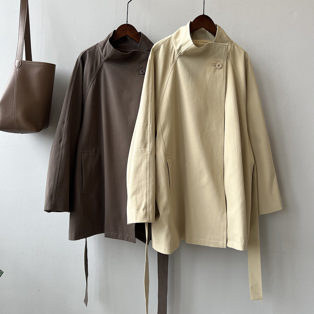 Retro Elegant Mid Length Trench Coat Women Spring Loose Waist Stand Collar Top - Iyanka