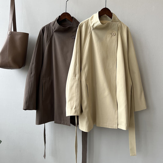 Retro Elegant Mid Length Trench Coat Women Spring Loose Waist Stand Collar Top - Iyanka