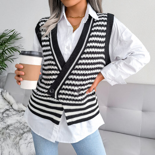 Stripe College Knitted Vest Sweater Women Clothing - Iyanka