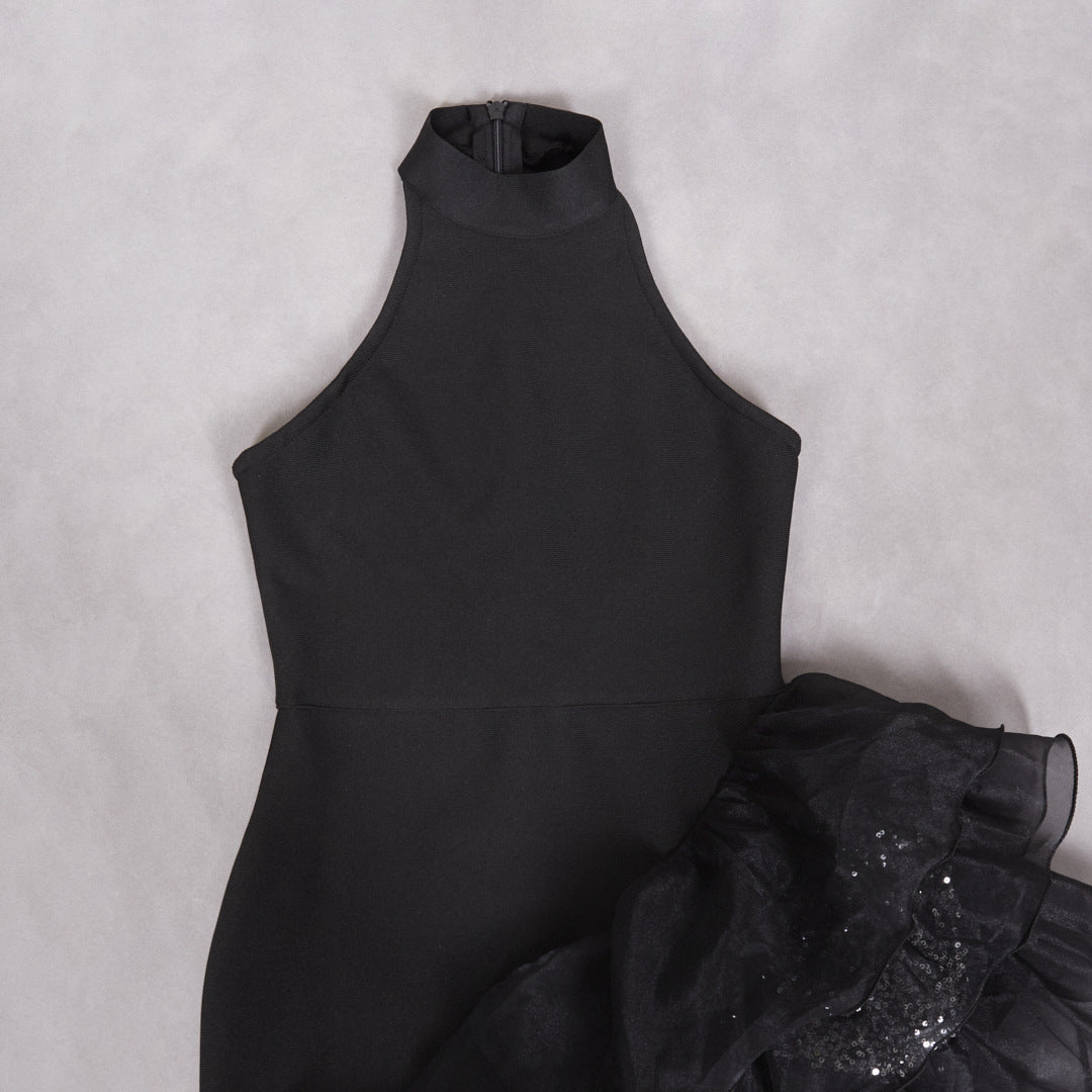 Ruffled Black Mesh Asymmetric Dress Long Party Sexy Cocktail Bandage Dress for Women - Iyanka