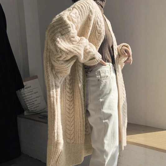 Autumn Winter Mid Length Knitted Cardigan Retro Thick Loose Cable Knit Sweater Coat for Women - Iyanka