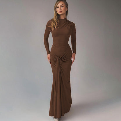 Women Clothing Summer Waist Controlled Lace up Sheath Dress Solid Color Slim Fit Long Sleeves Dress