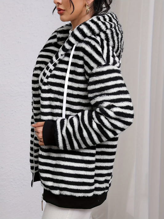 Autumn Winter Lazy Plush Design Black White Striped Hooded Jacket - Iyanka