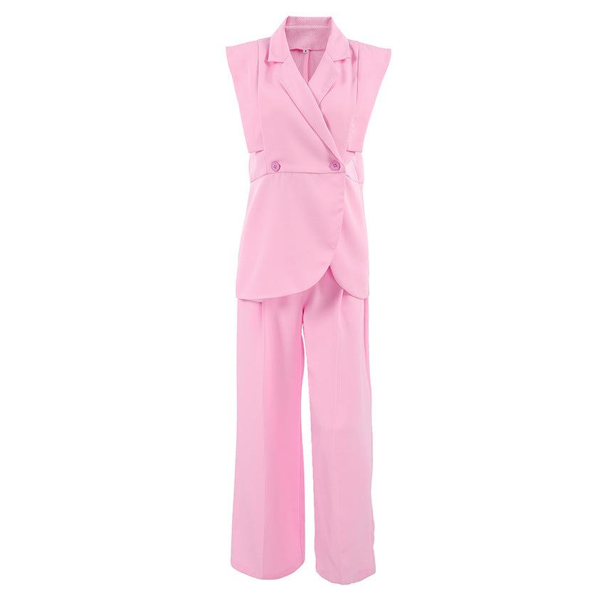 Pink Gentle Sleeveless Collar Loose Fitting Waistcoat High Waist Pocket Wide Leg Pants Summer Casual Set Women - Iyanka