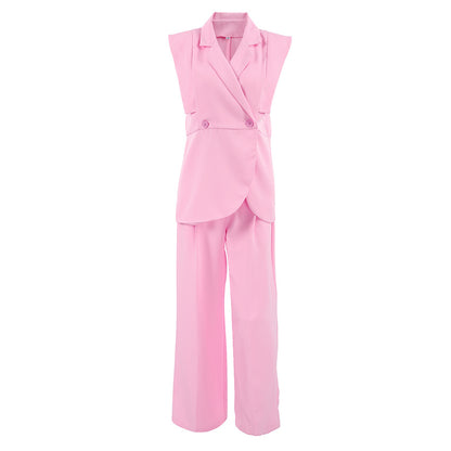 Pink Gentle Sleeveless Collar Loose Fitting Waistcoat High Waist Pocket Wide Leg Pants Summer Casual Set Women - Iyanka