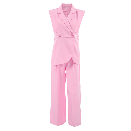 Pink Gentle Sleeveless Collar Loose Fitting Waistcoat High Waist Pocket Wide Leg Pants Summer Casual Set Women - Iyanka