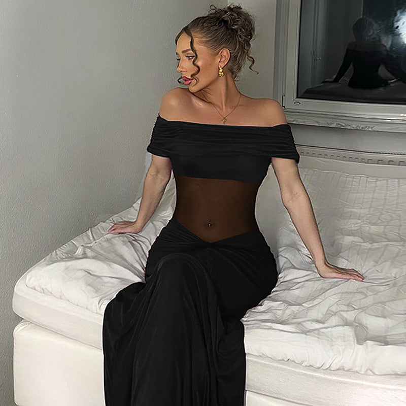 Mesh Stitching Maxi Dress Summer Sexy off Shoulder Pleated Slim Dress