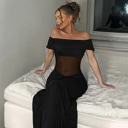 Mesh Stitching Maxi Dress Summer Sexy off Shoulder Pleated Slim Dress