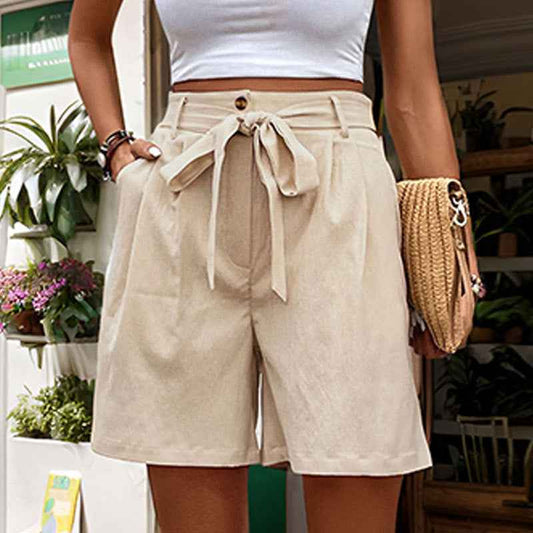 Women Clothes Casual Pants Women Tied Elastic Waist Solid Color Fifth Pants Office Wide Leg Shorts