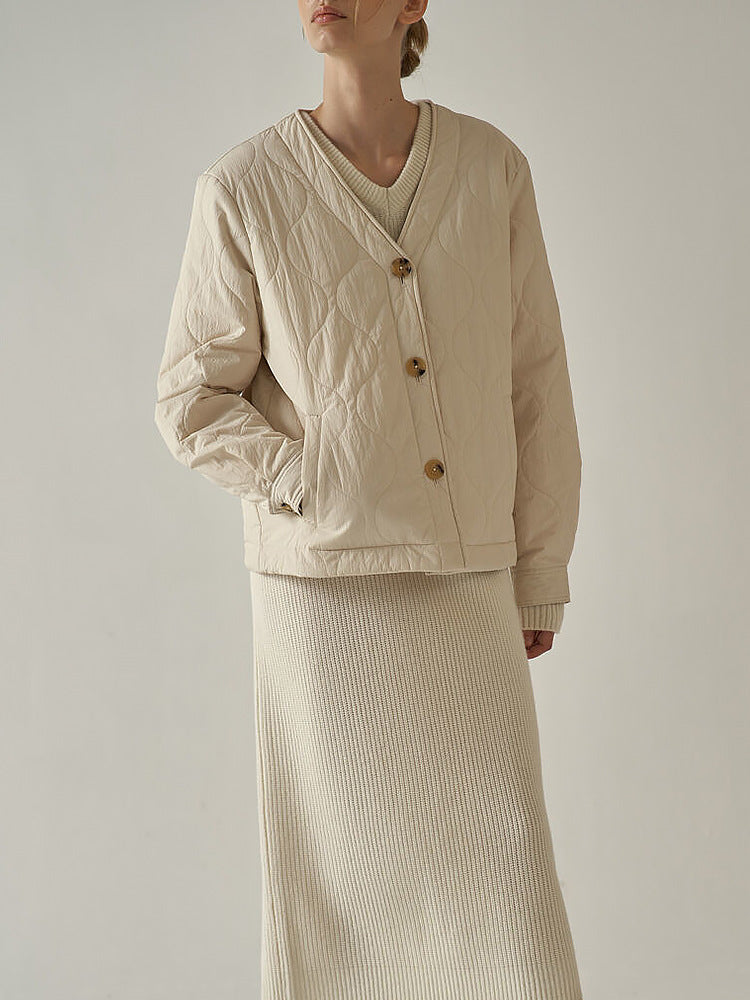 Cotton-Padded Coat Women Wave Pattern Design Quilted Short Thickened Lightweight Cotton Jacket Coat Slimming Bread Coat - Iyanka