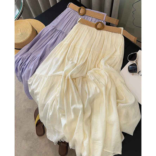 ICE Cotton Linen Skirt Women Summer Artistic Cover Figure Flattering Flowy Mid Length Skirt Oversized Skirt