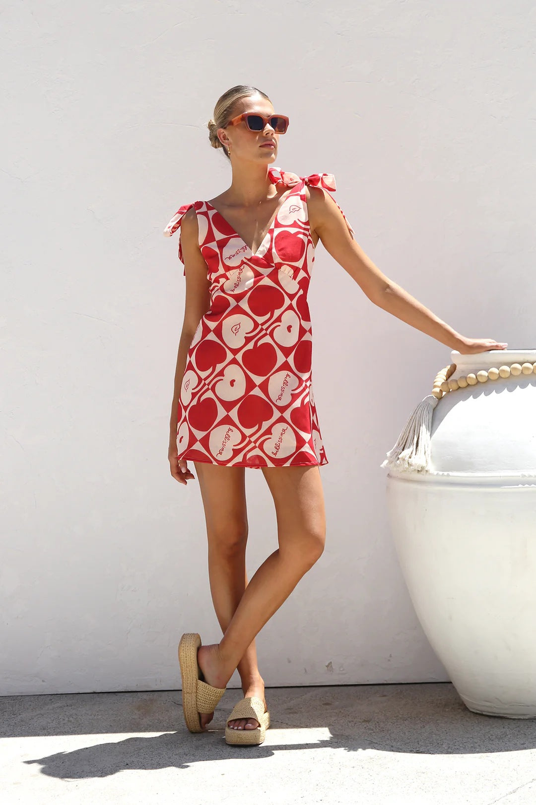 Summer Dress Printed V neck Lace up Mini Sling Dress