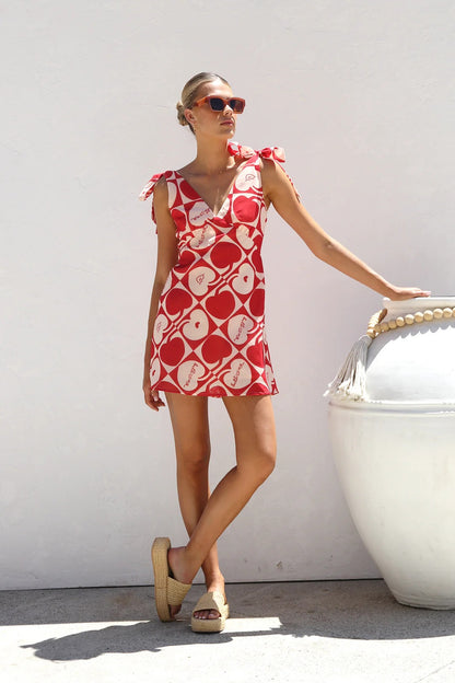 Summer Dress Printed V neck Lace up Mini Sling Dress