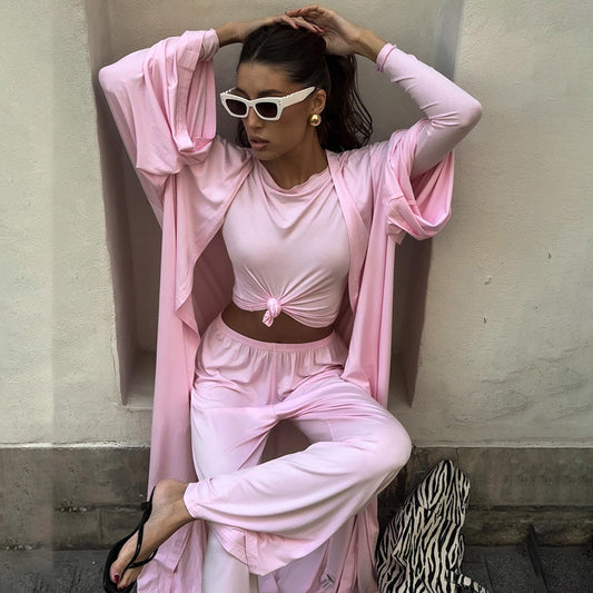 Summer Pajamas Three Piece Knitted Solid Color Top Trousers Loose Comfortable Home Wear - Iyanka