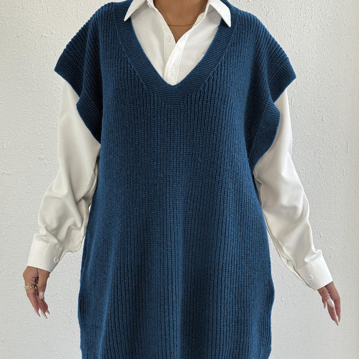 Women Outerwear Vest Women Mid Length Vest Deep V Plunge Loose Casual Sweater Vest Dress(Excluding Belt) - Iyanka