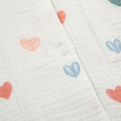 Summer Layer Crepe Heart Printing Pajamas Two Piece Cardigan Half Sleeve Shorts Women Homewear - Iyanka