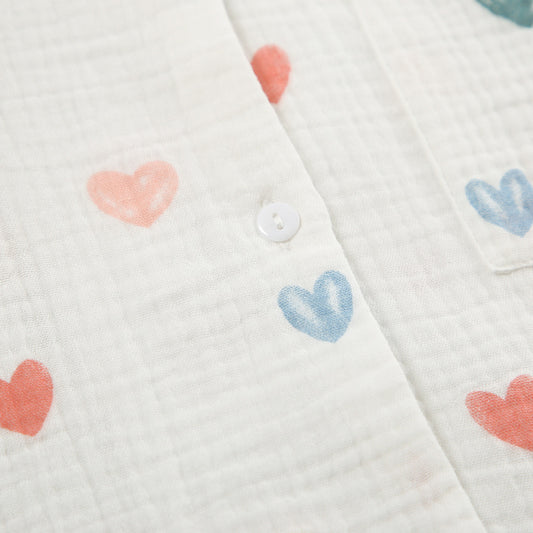 Summer Layer Crepe Heart Printing Pajamas Two Piece Cardigan Half Sleeve Shorts Women Homewear - Iyanka