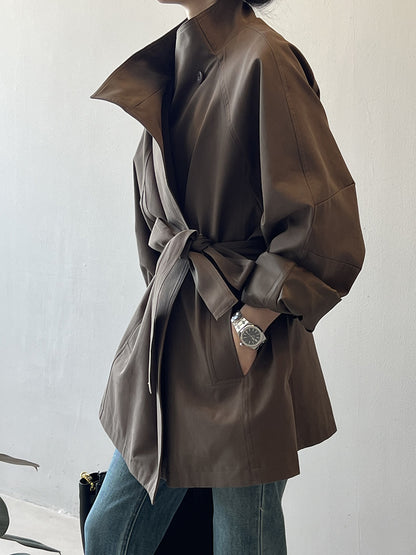 Retro Elegant Mid Length Trench Coat Women Spring Loose Waist Stand Collar Top - Iyanka